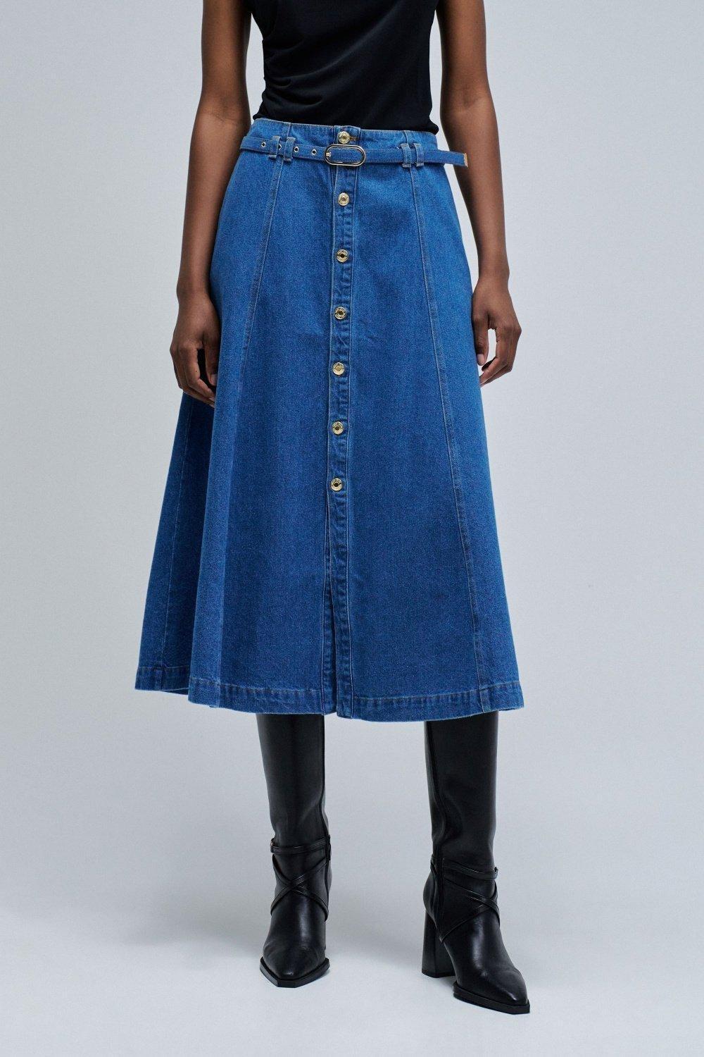 Midi Denim Skirt, Navy, medium