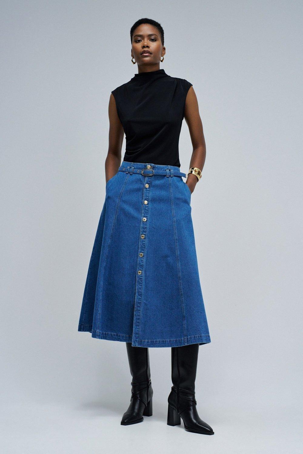 Midi Denim Skirt, Navy, large image number 1