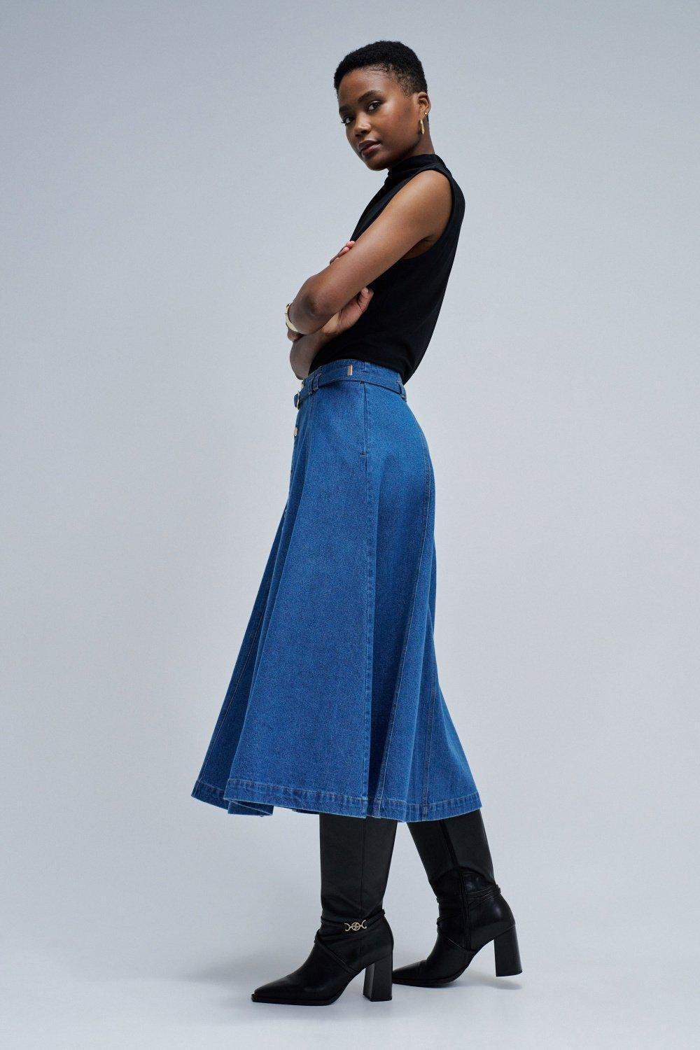 Midi Denim Skirt, Navy, medium
