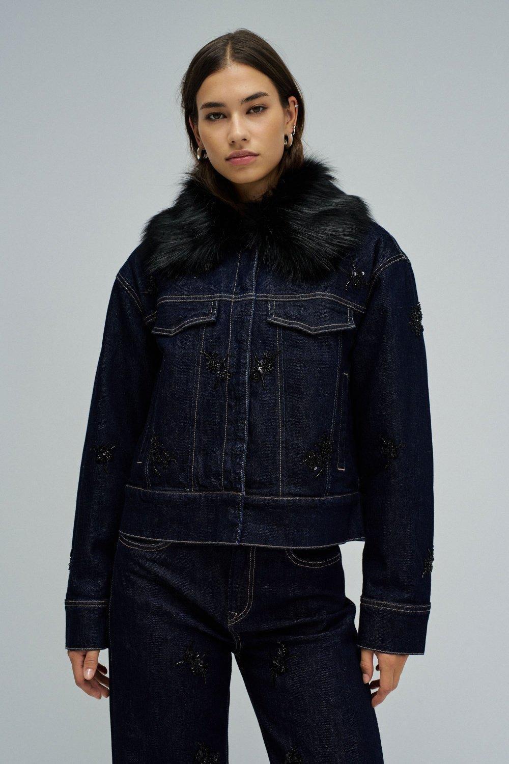 Denim Jacket With Fur, Navy, large image number 0