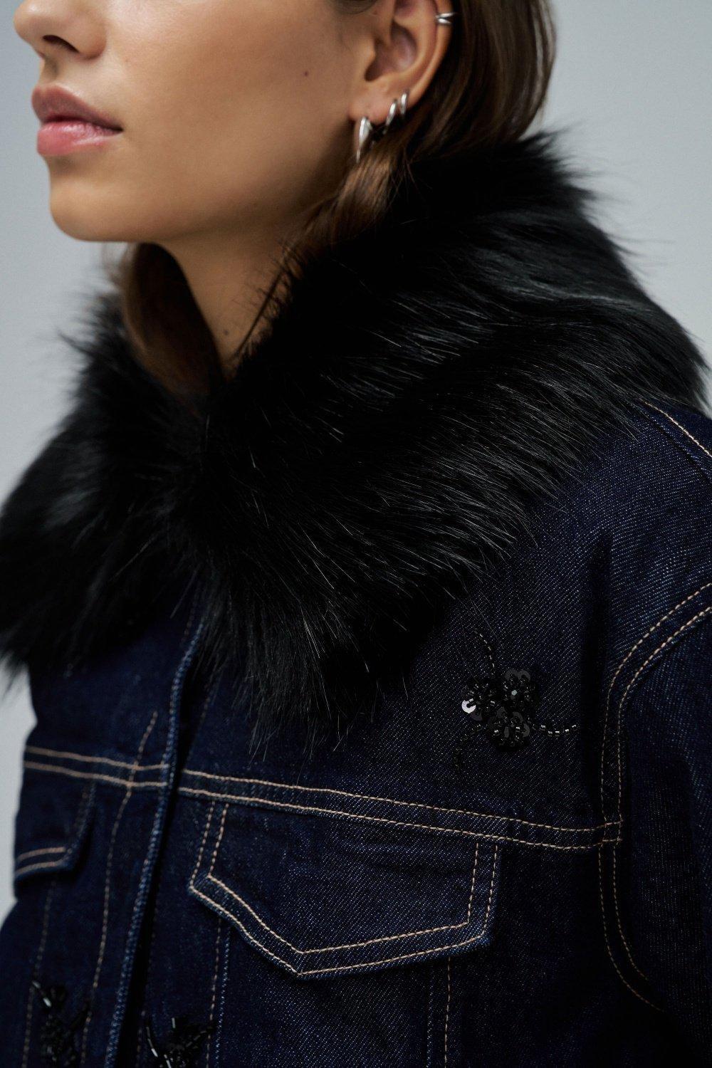 Denim Jacket With Fur, Navy, large image number 4