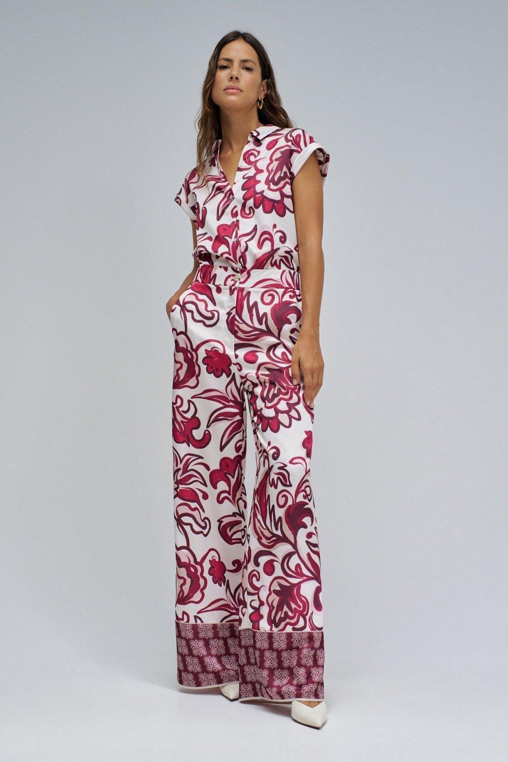 Regular Fit With Floral Print Trousers, Burgundy, medium