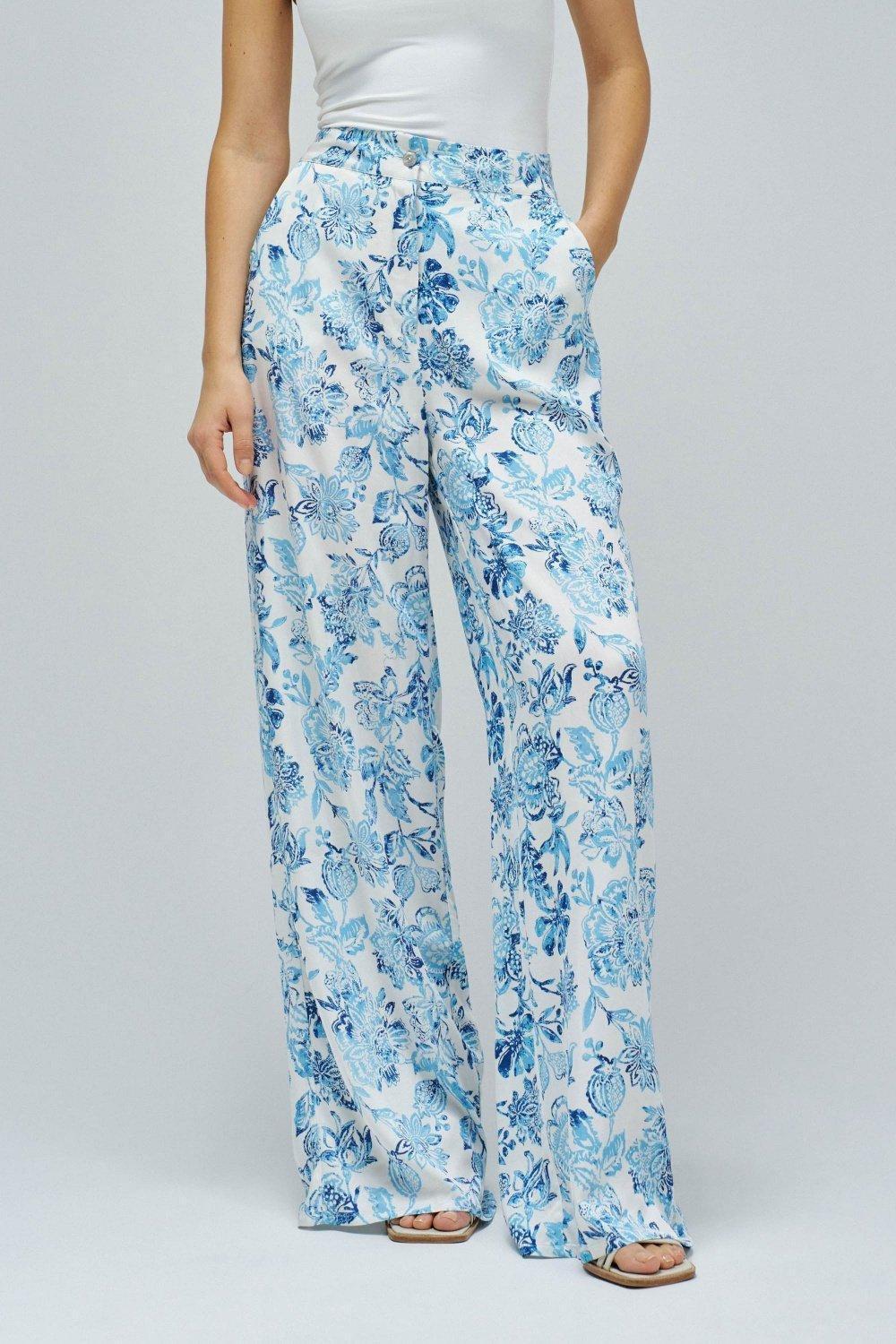 Straight With Floral Print Trousers&nbsp;, Blue, medium