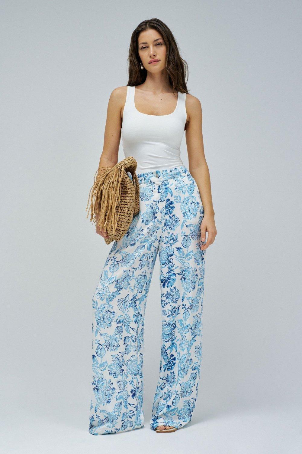 Straight With Floral Print Trousers&nbsp;, Blue, medium