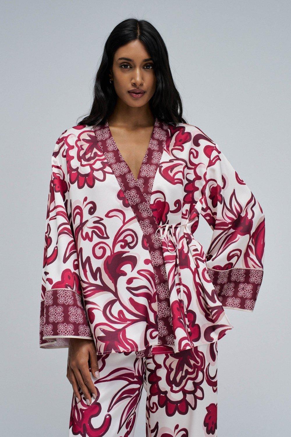 Floral Print Kimono, Burgundy, medium