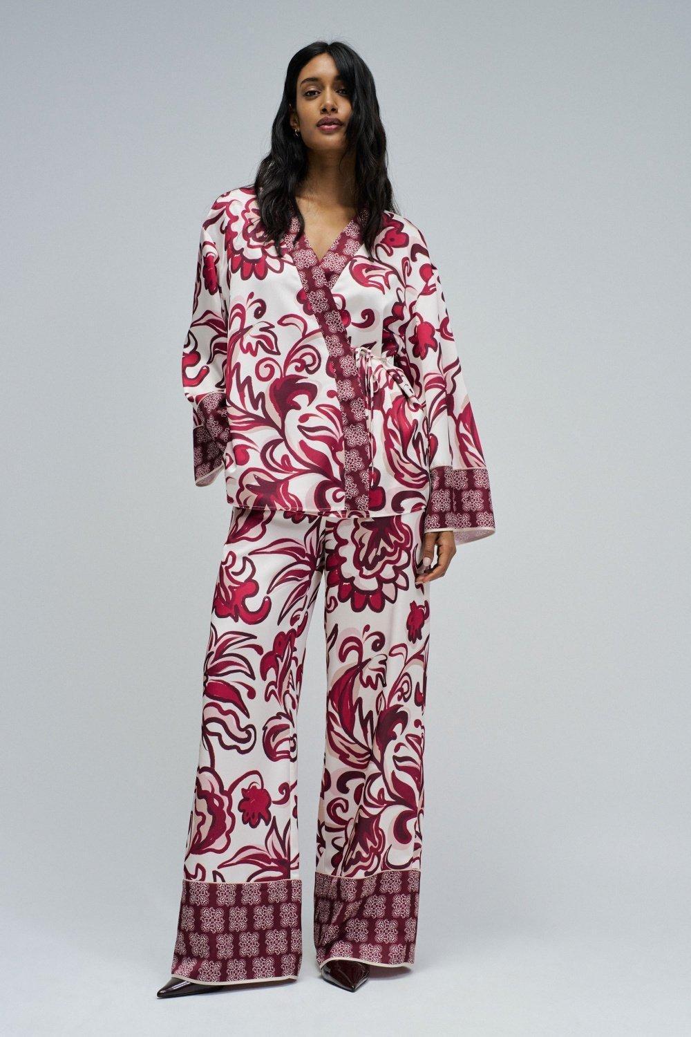 Floral Print Kimono, Burgundy, medium