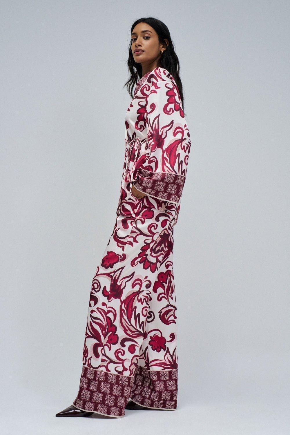 Floral Print Kimono, Burgundy, medium