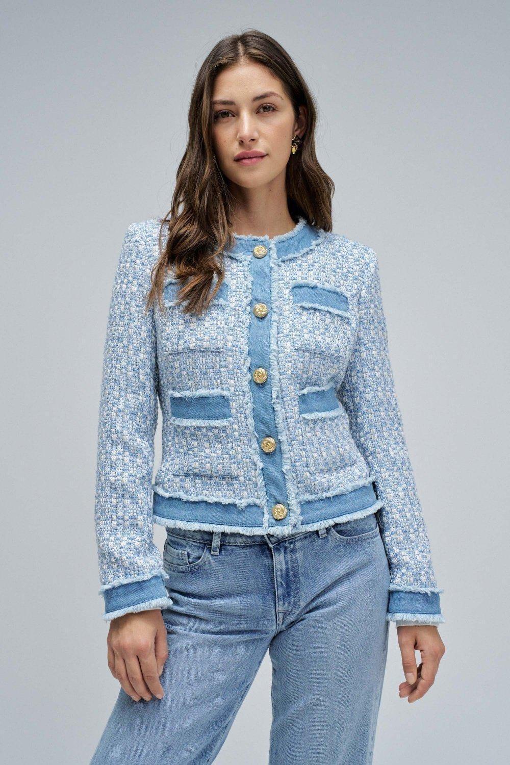 LILAC TWEED COAT WITH DENIM DETAILS, , medium