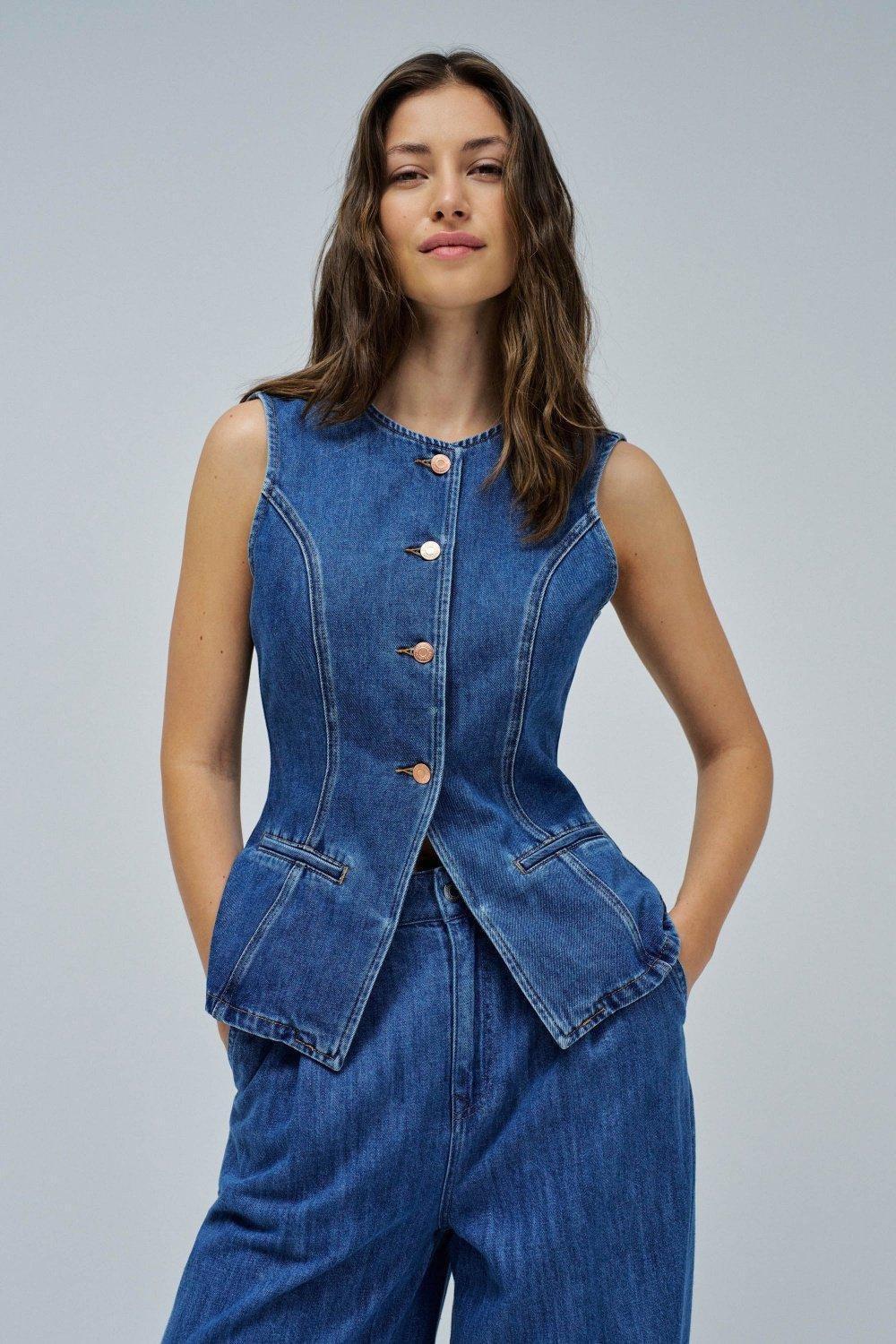 Denim Waistcoat, Navy, medium