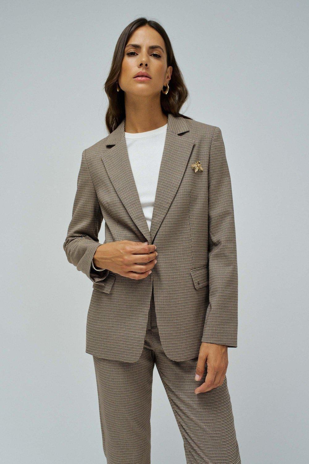 Fitted Blazer With Check Pattern, Brown, medium