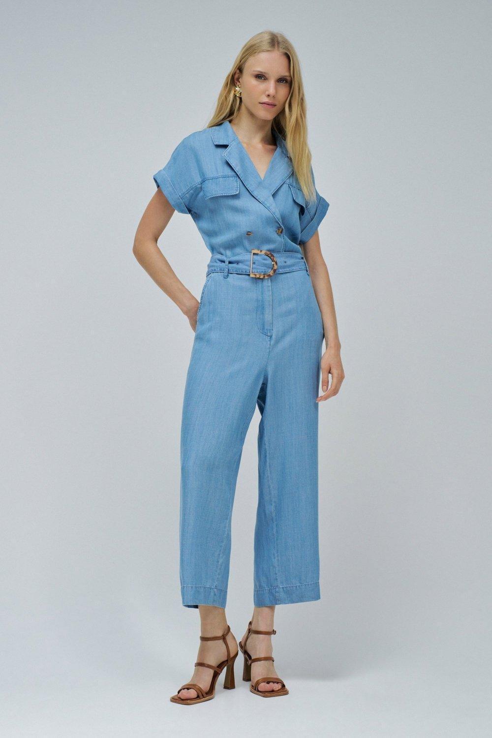 Blue Jumpsuit W/ Belt And Front Pockets, , large image number 0