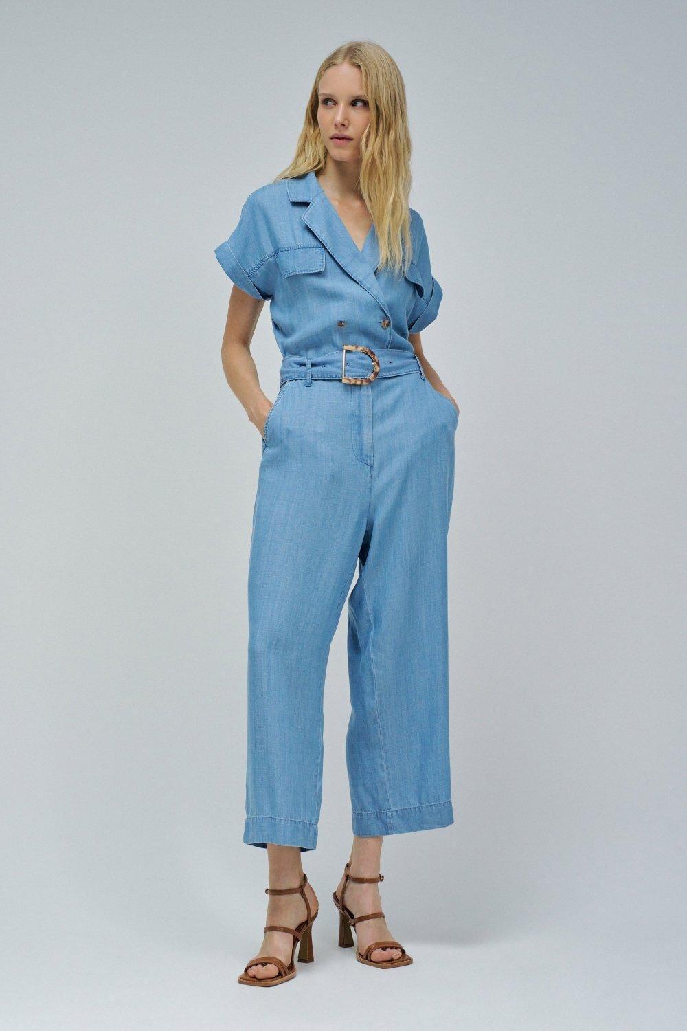 Blue Jumpsuit W/ Belt And Front Pockets, , large image number 1