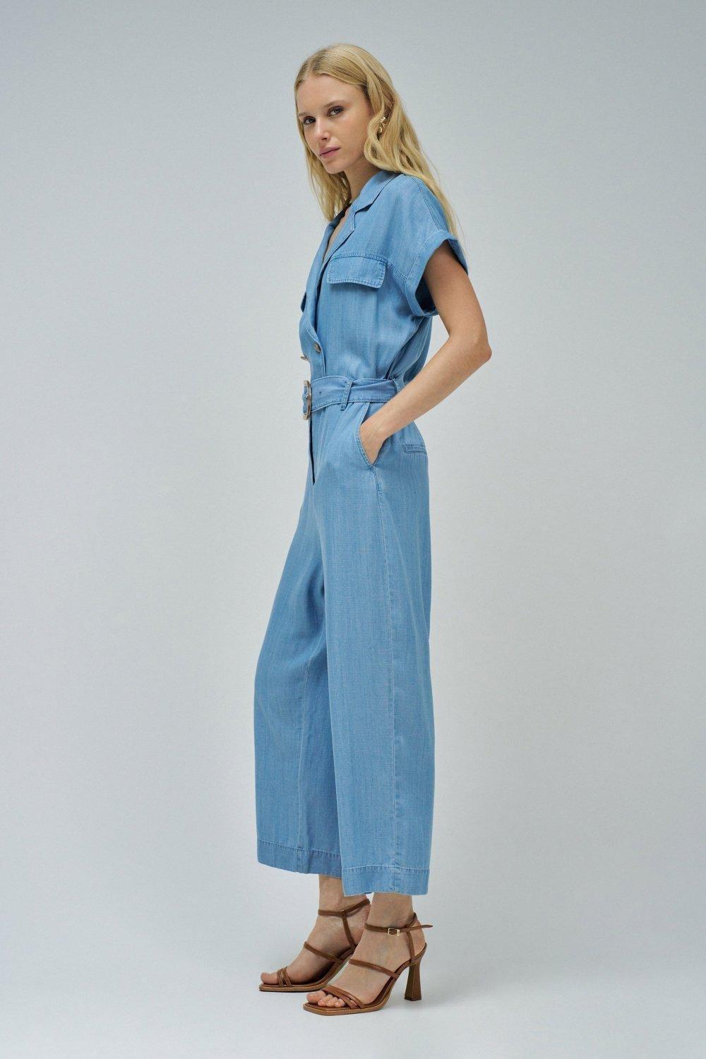 Blue Jumpsuit W/ Belt And Front Pockets, , large image number 2