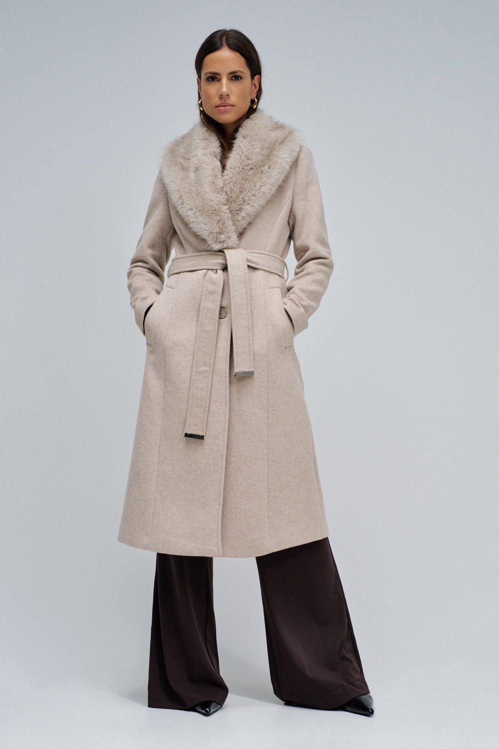 Grace Long Woollen Coat With Fur, Beige, medium