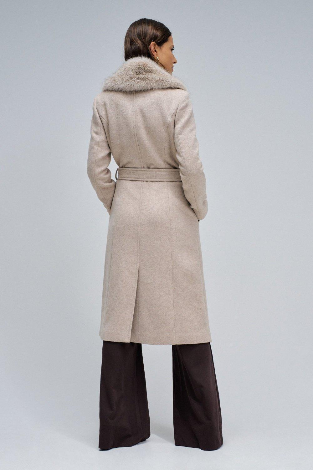 Grace Long Woollen Coat With Fur, Beige, large image number 3