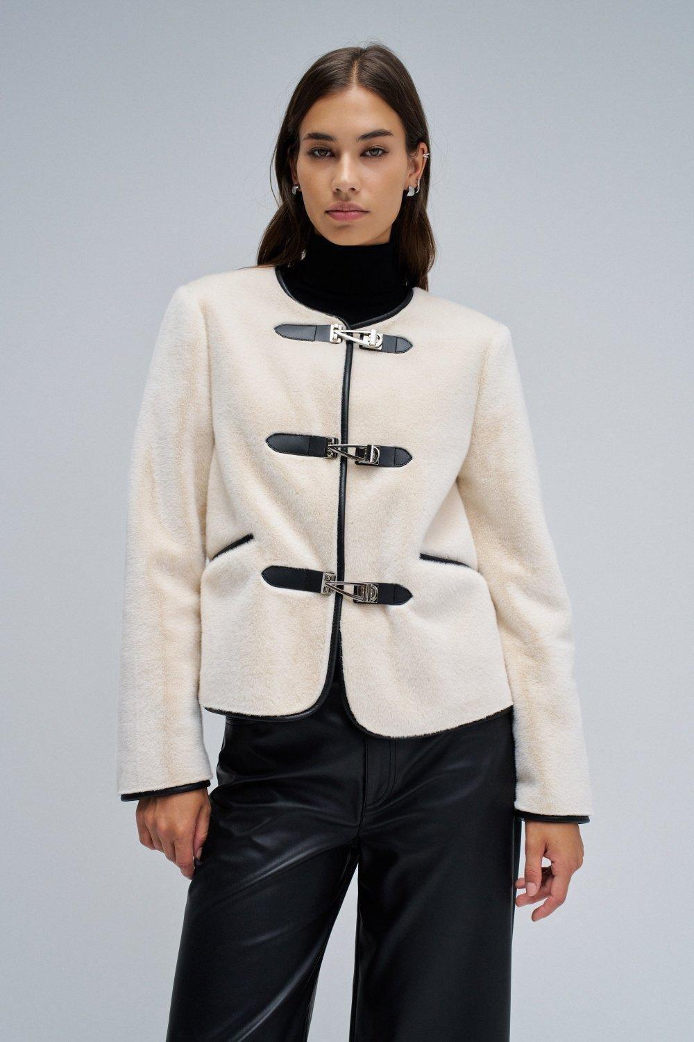 Faux Fur Coat With Clasp Closure, Pearl, medium