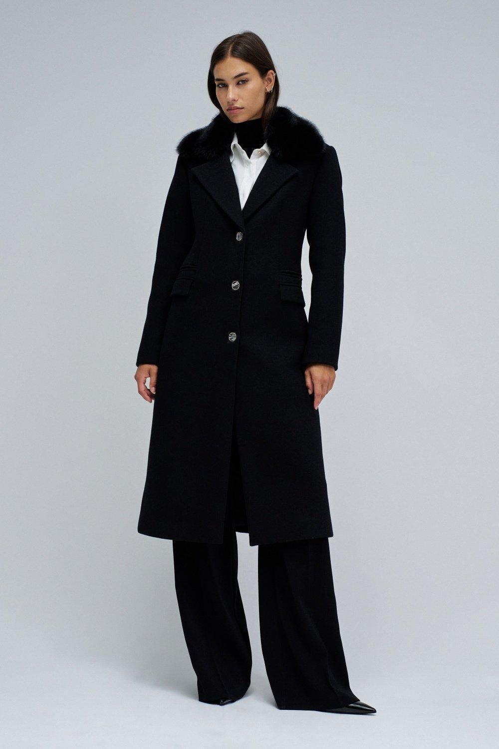 Woollen Coat With Fur Collar, Black, large image number 0