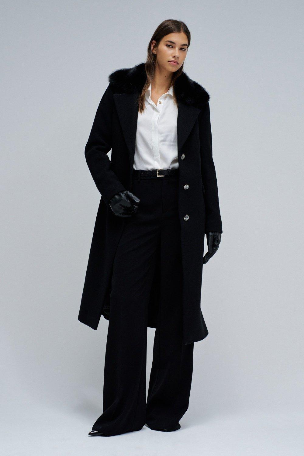 Woollen Coat With Fur Collar, Black, large image number 1