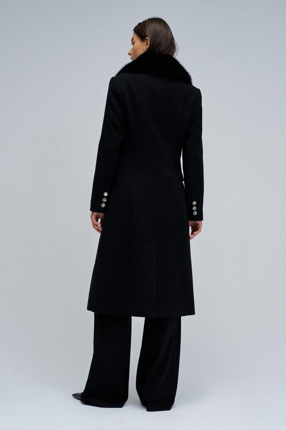 Woollen Coat With Fur Collar, Black, large image number 3