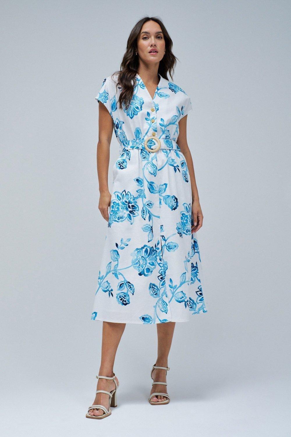 Shirt Dress With Floral Print , Blue, large image number 1