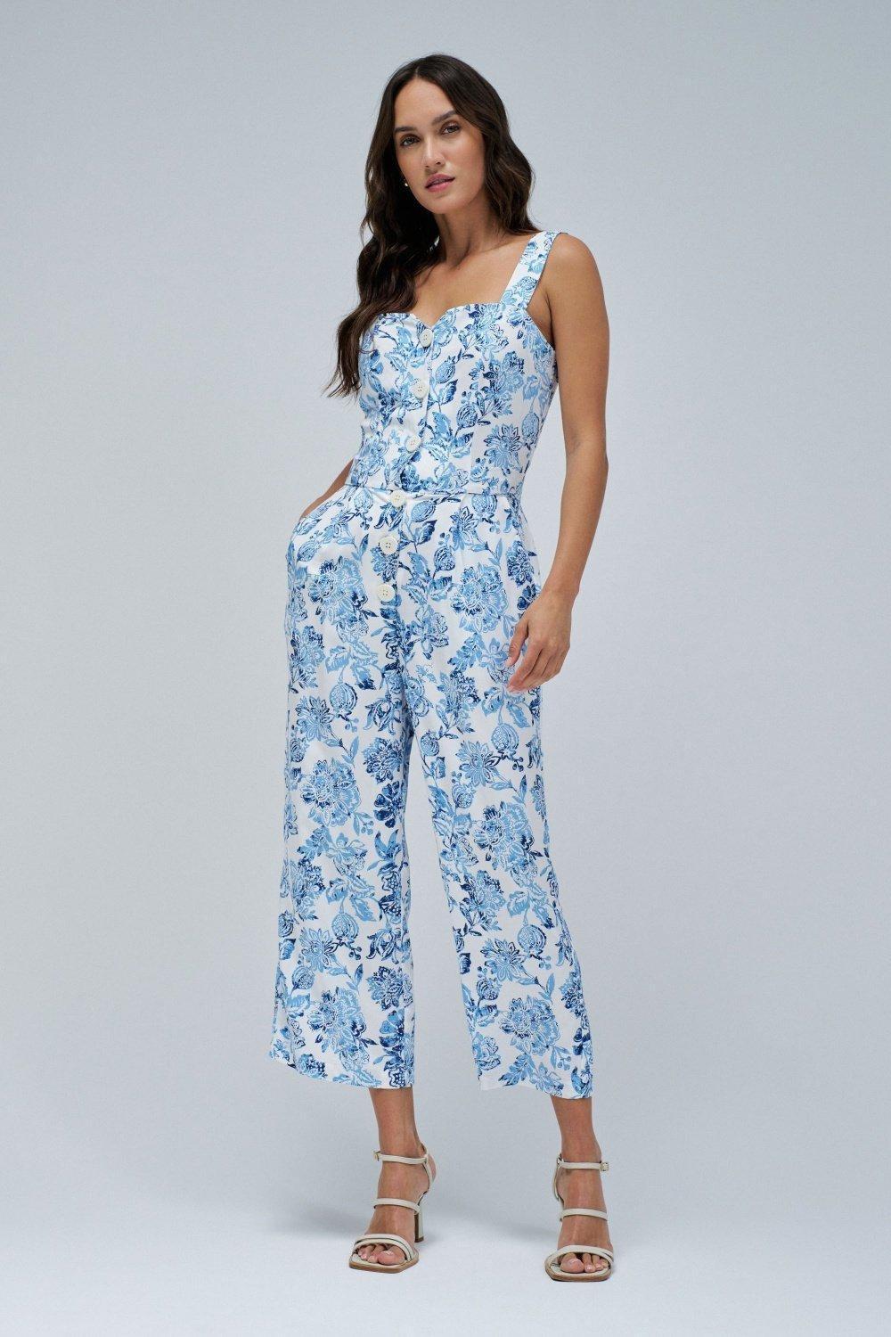 Floral Print Jumpsuit , Blue, medium