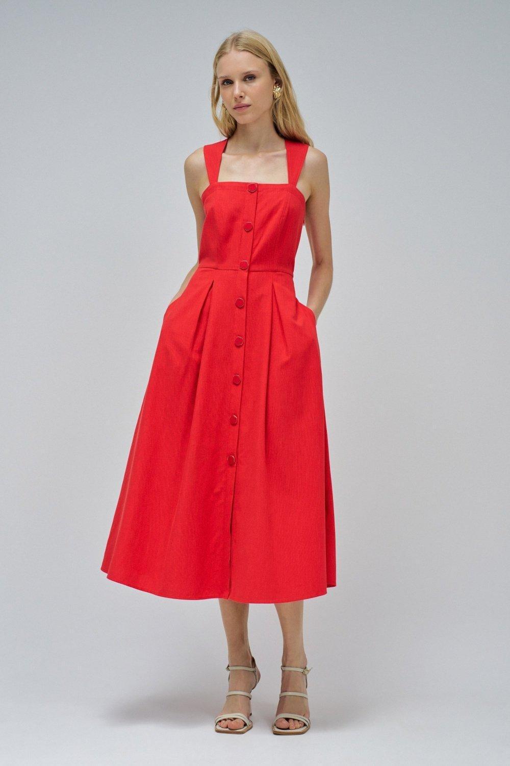 Midi Dress With Buttons&nbsp;, Red, medium