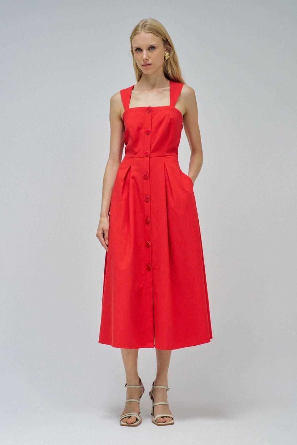 Midi Dress With Buttons&nbsp;, Red, medium