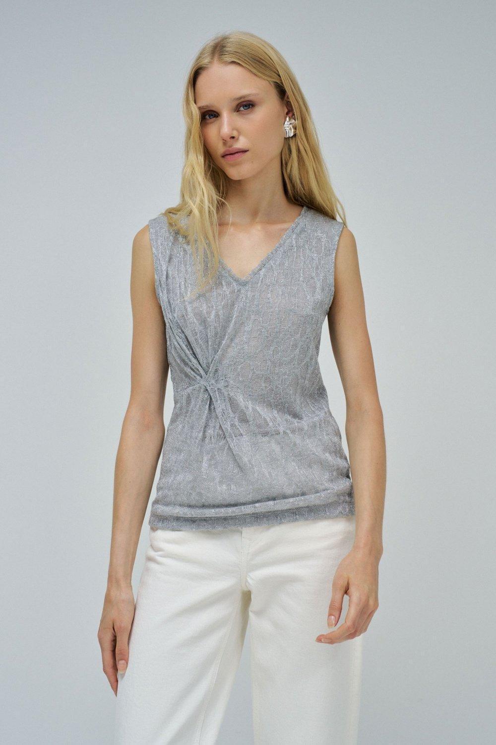 Grey Textured Cropped Tank Top, , large image number 0