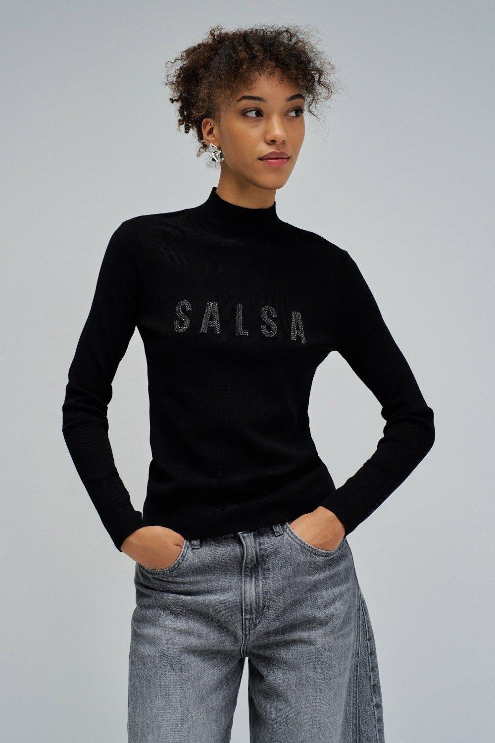 Ribbed Knit Sweater With Branding, Black, medium