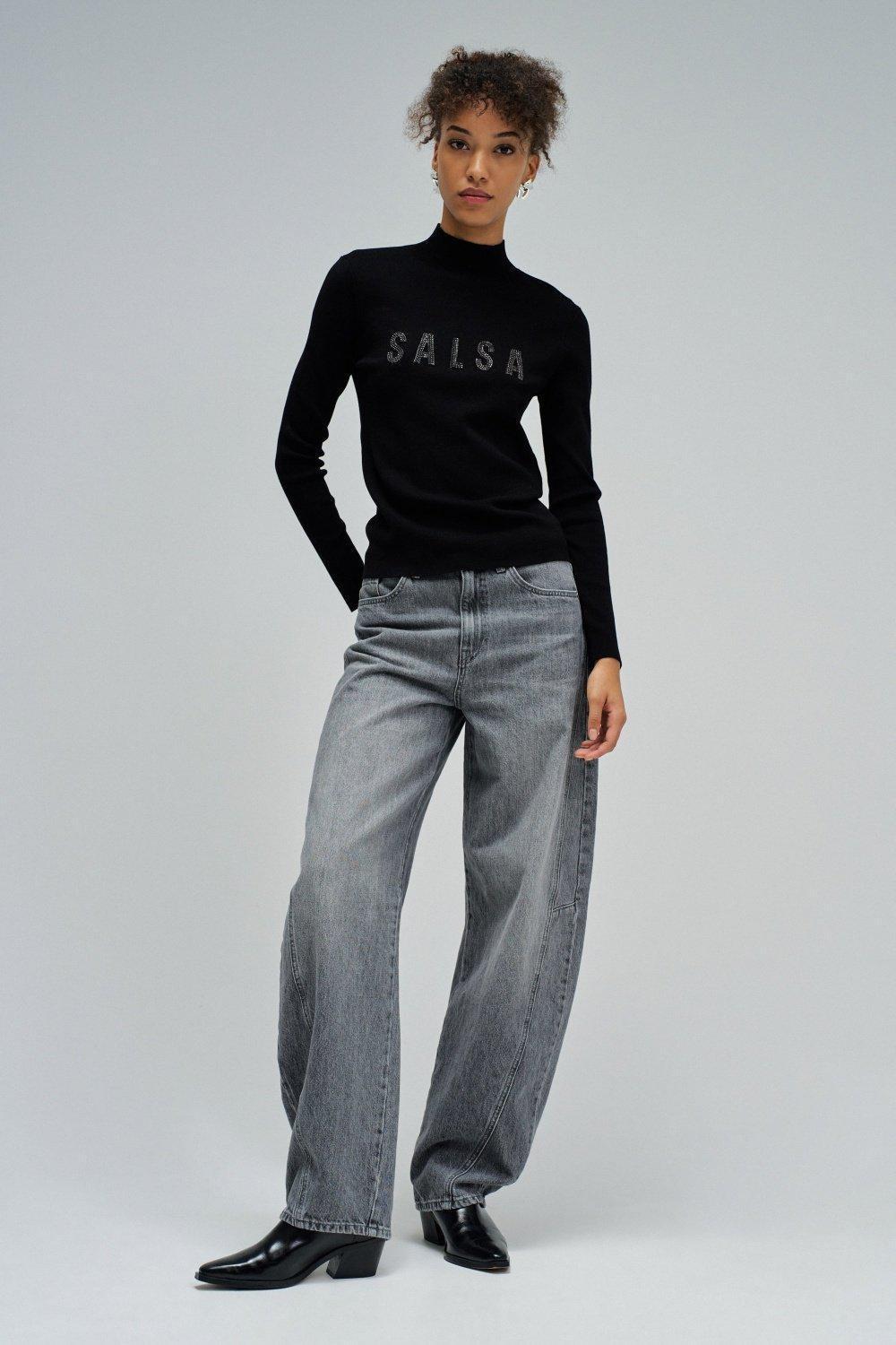 Ribbed Knit Sweater With Branding, Black, medium