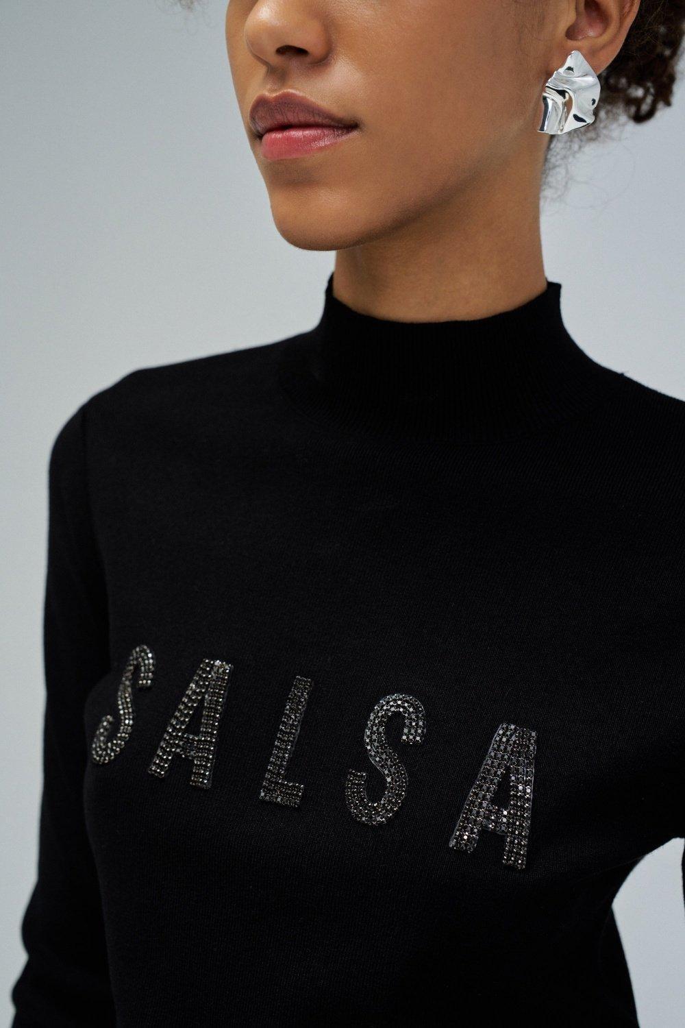 Ribbed Knit Sweater With Branding, Black, large image number 4