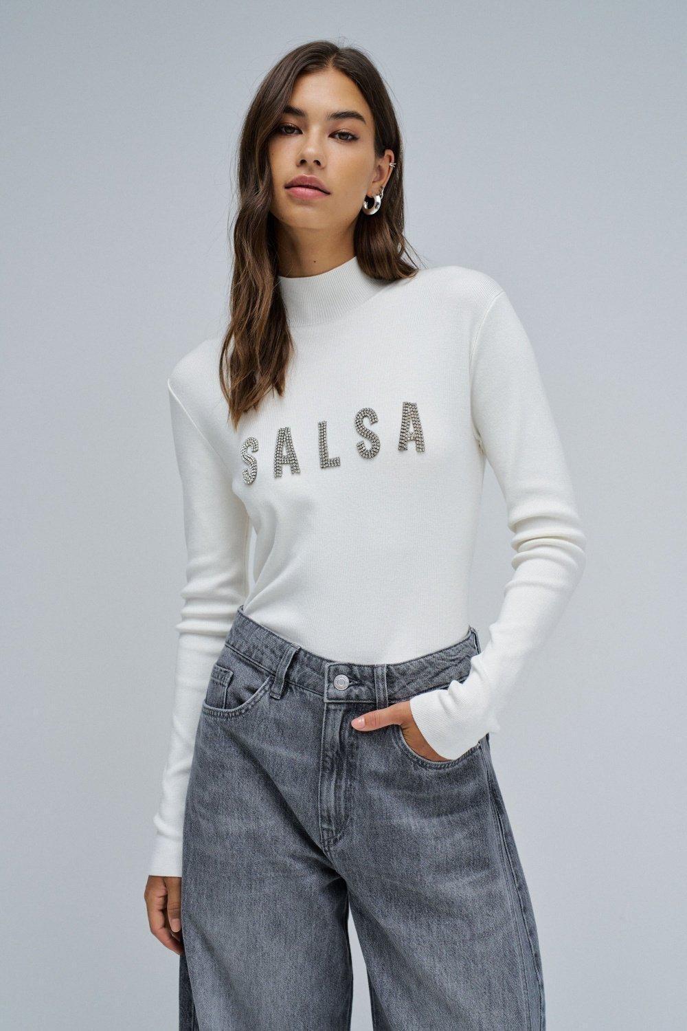 Ribbed Knit Sweater With Branding, Pearl, medium