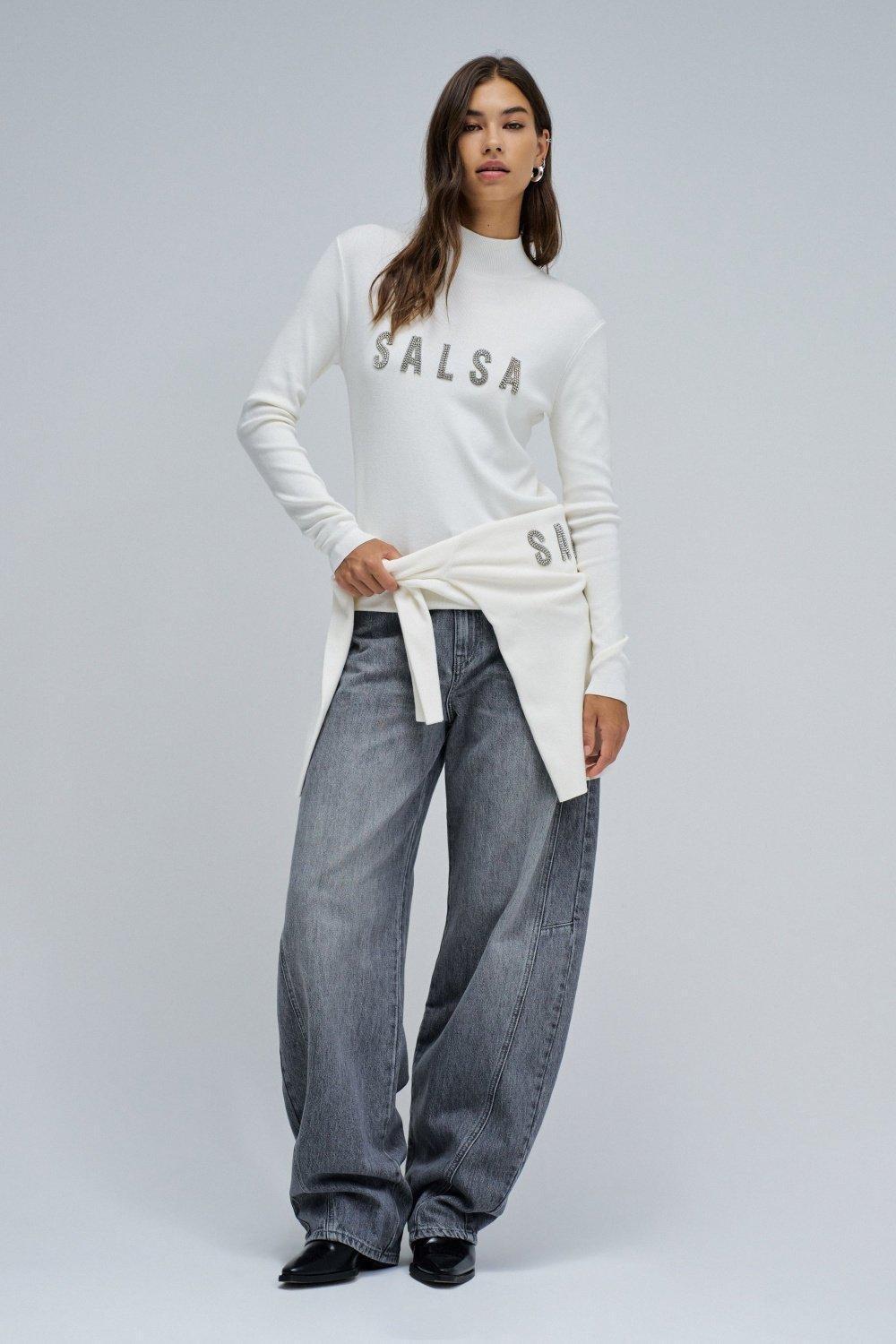 Ribbed Knit Sweater With Branding, Pearl, medium