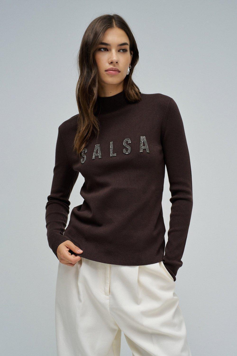 Ribbed Knit Sweater With Branding, Brown, medium