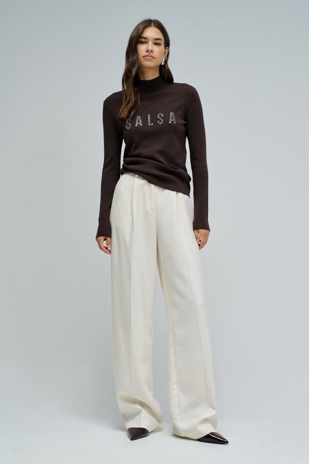 Ribbed Knit Sweater With Branding, Brown, large image number 1