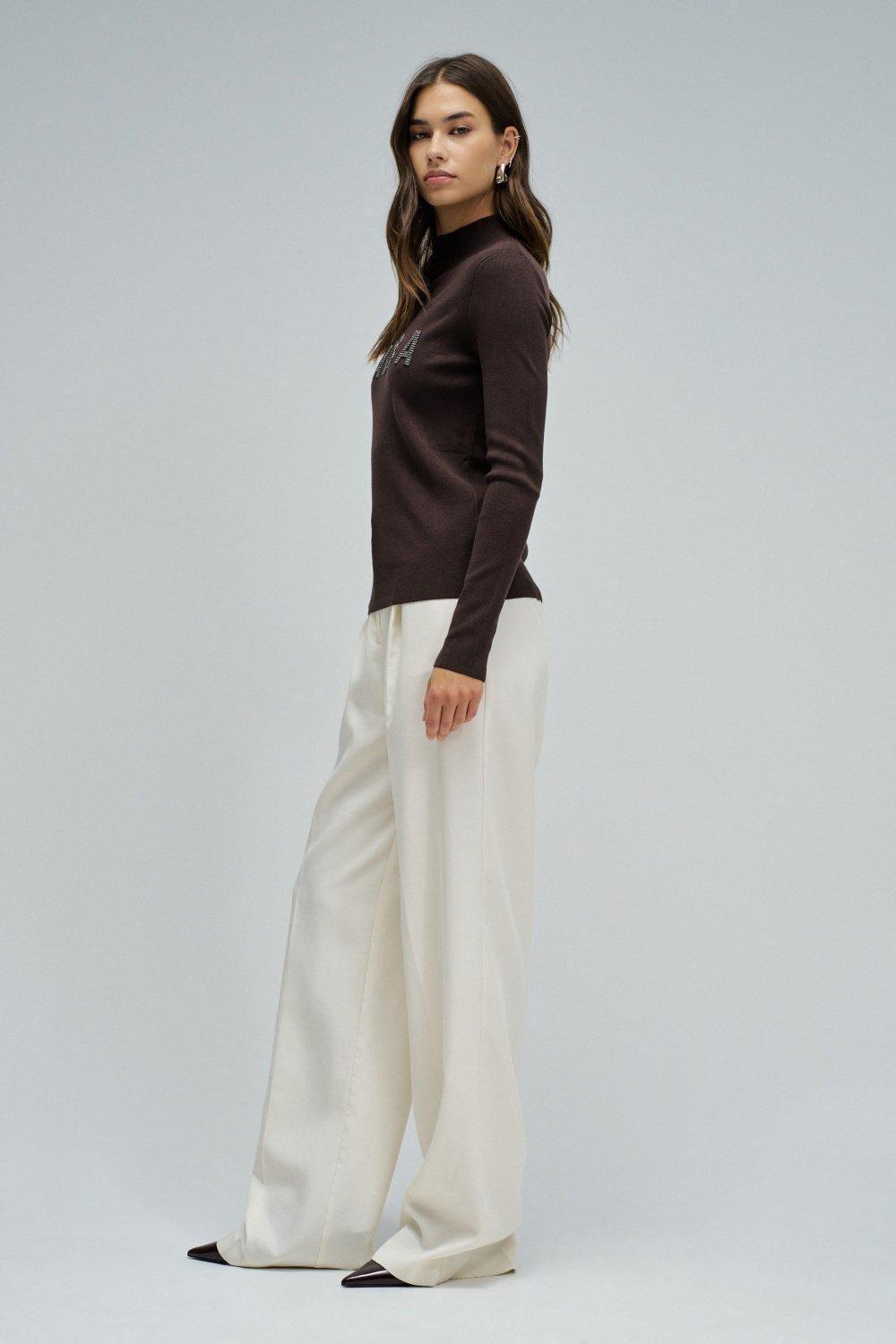 Ribbed Knit Sweater With Branding, Brown, medium