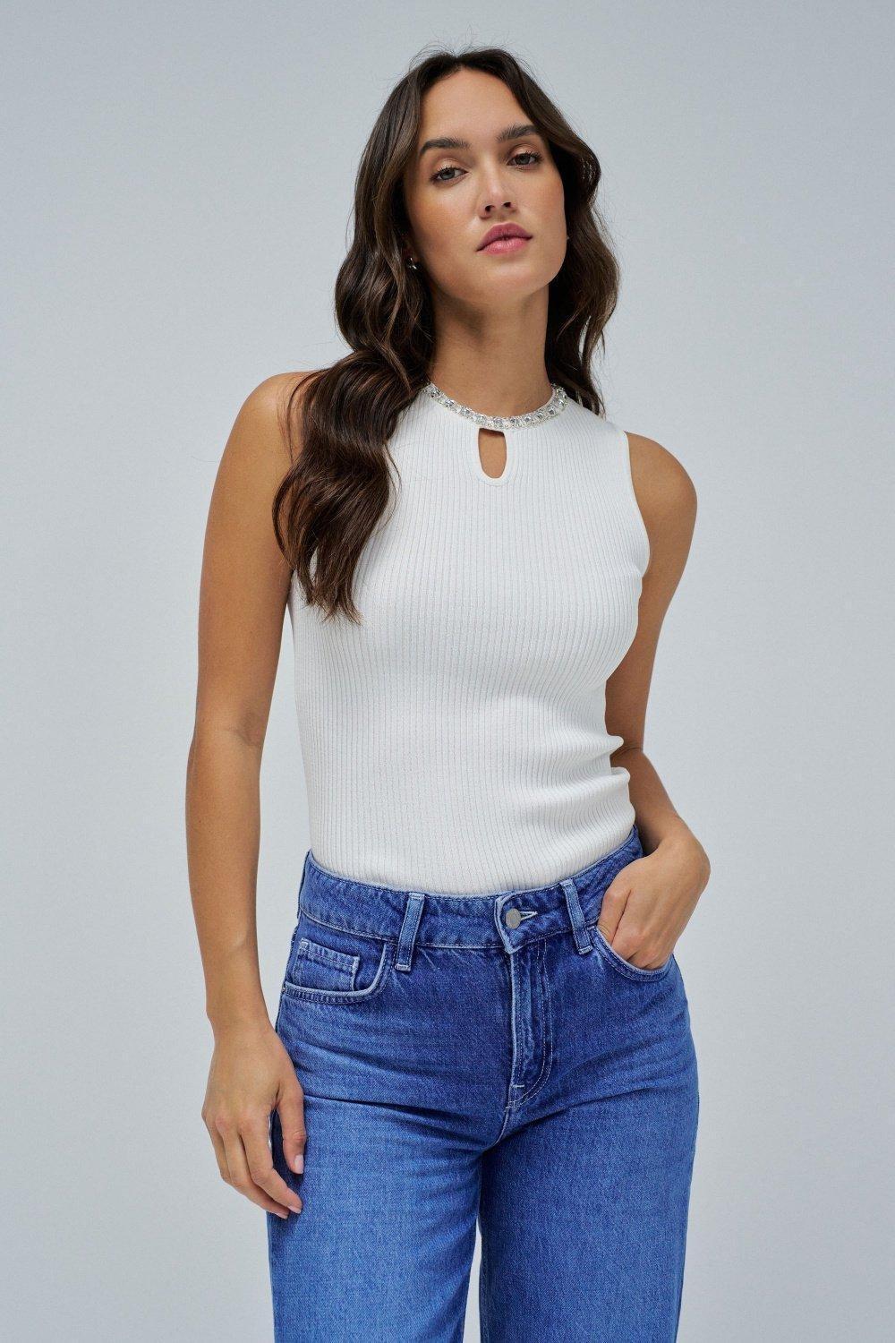 Ribbed Top With Sparkles, Pearl, medium