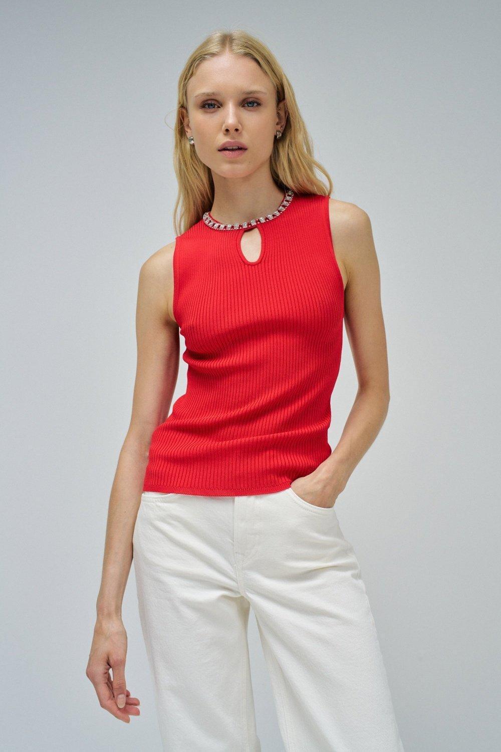 Ribbed Top With Sparkles, Red, medium