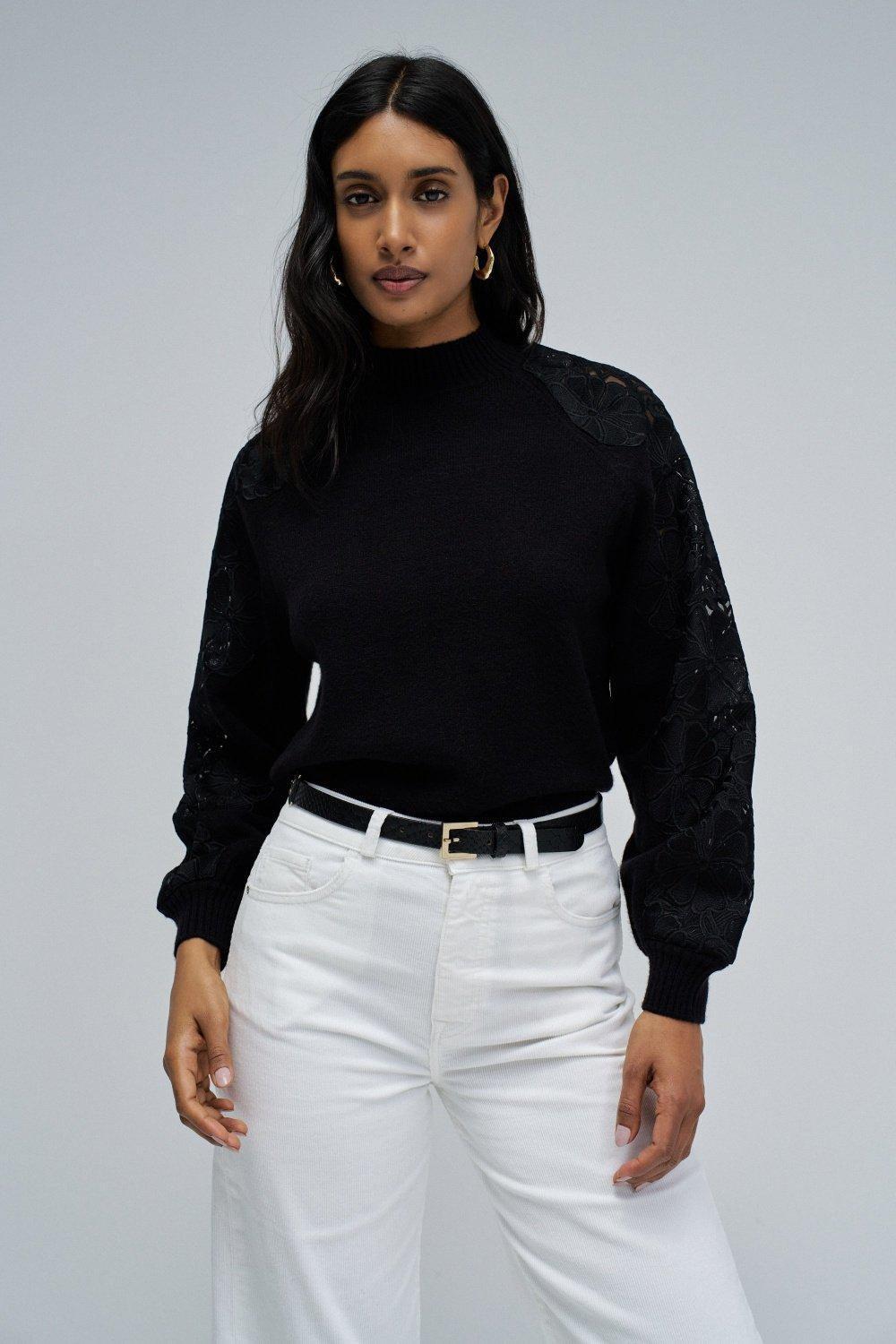 Knit Sweater With Lace, Black, large image number 0