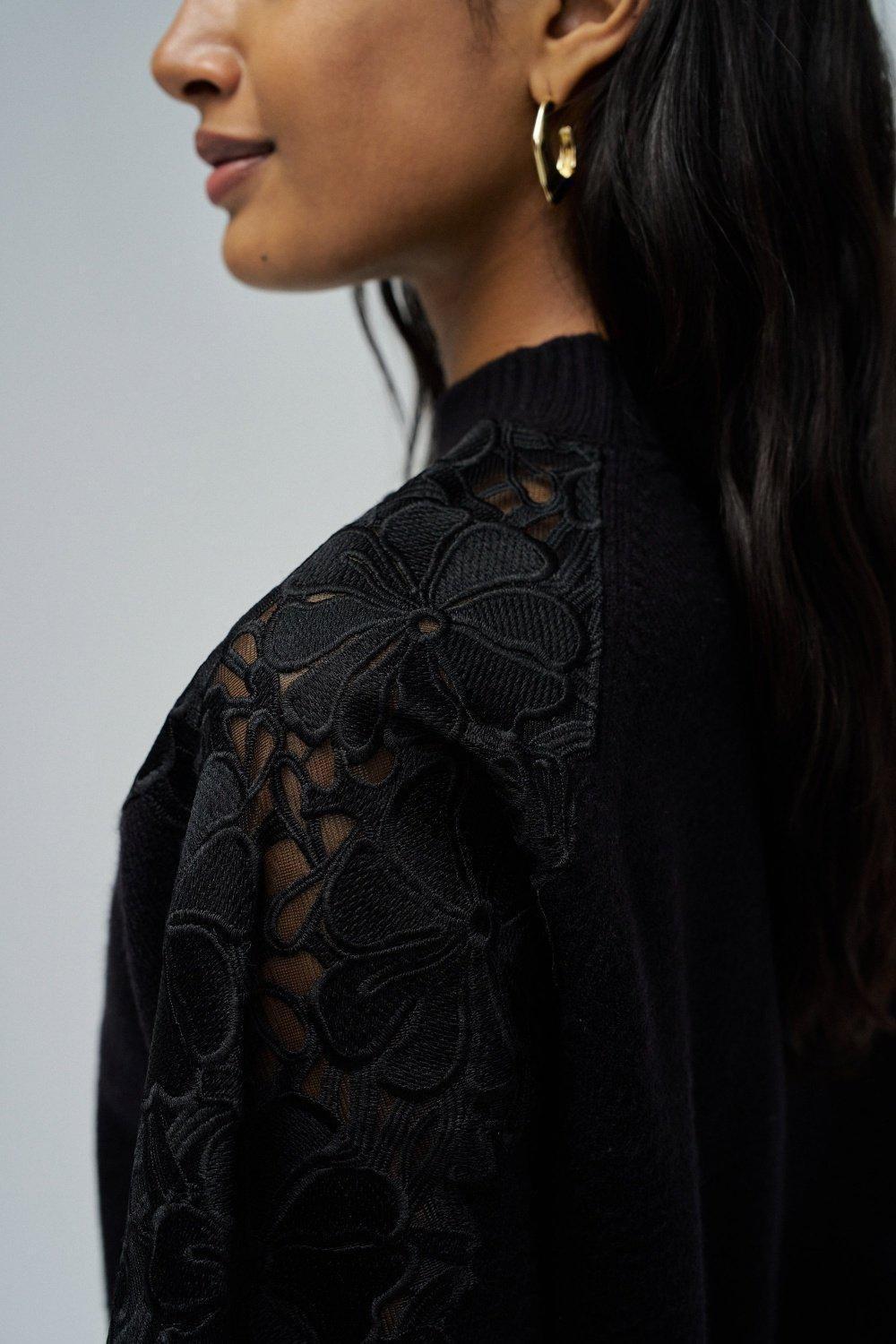 Knit Sweater With Lace, Black, large image number 4