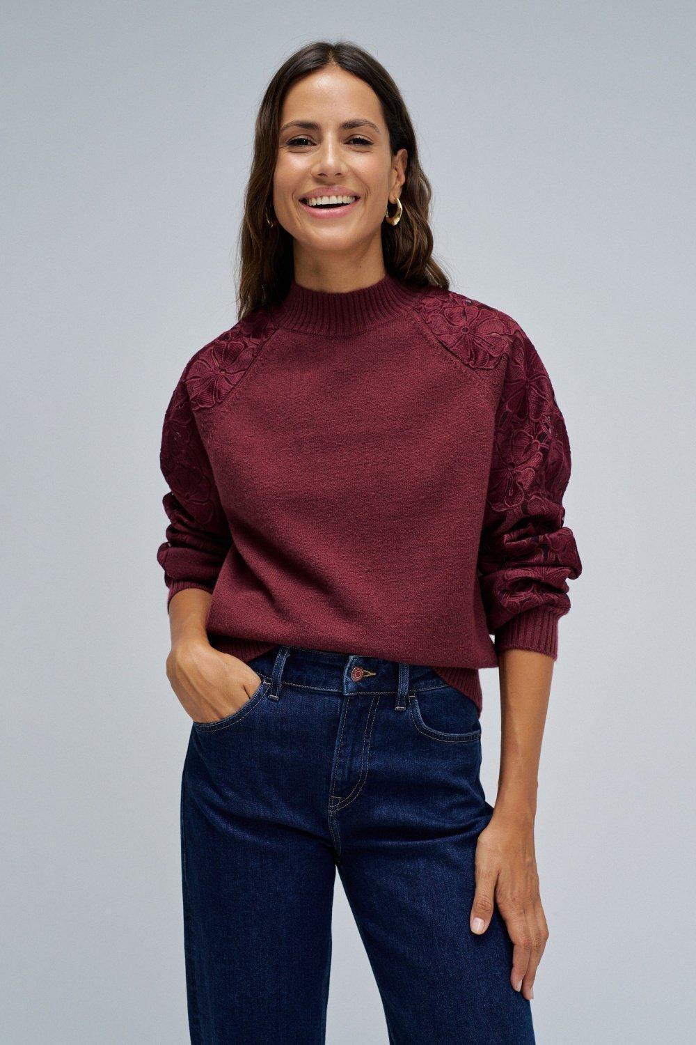 Knit Sweater With Lace, Burgundy, large image number 0