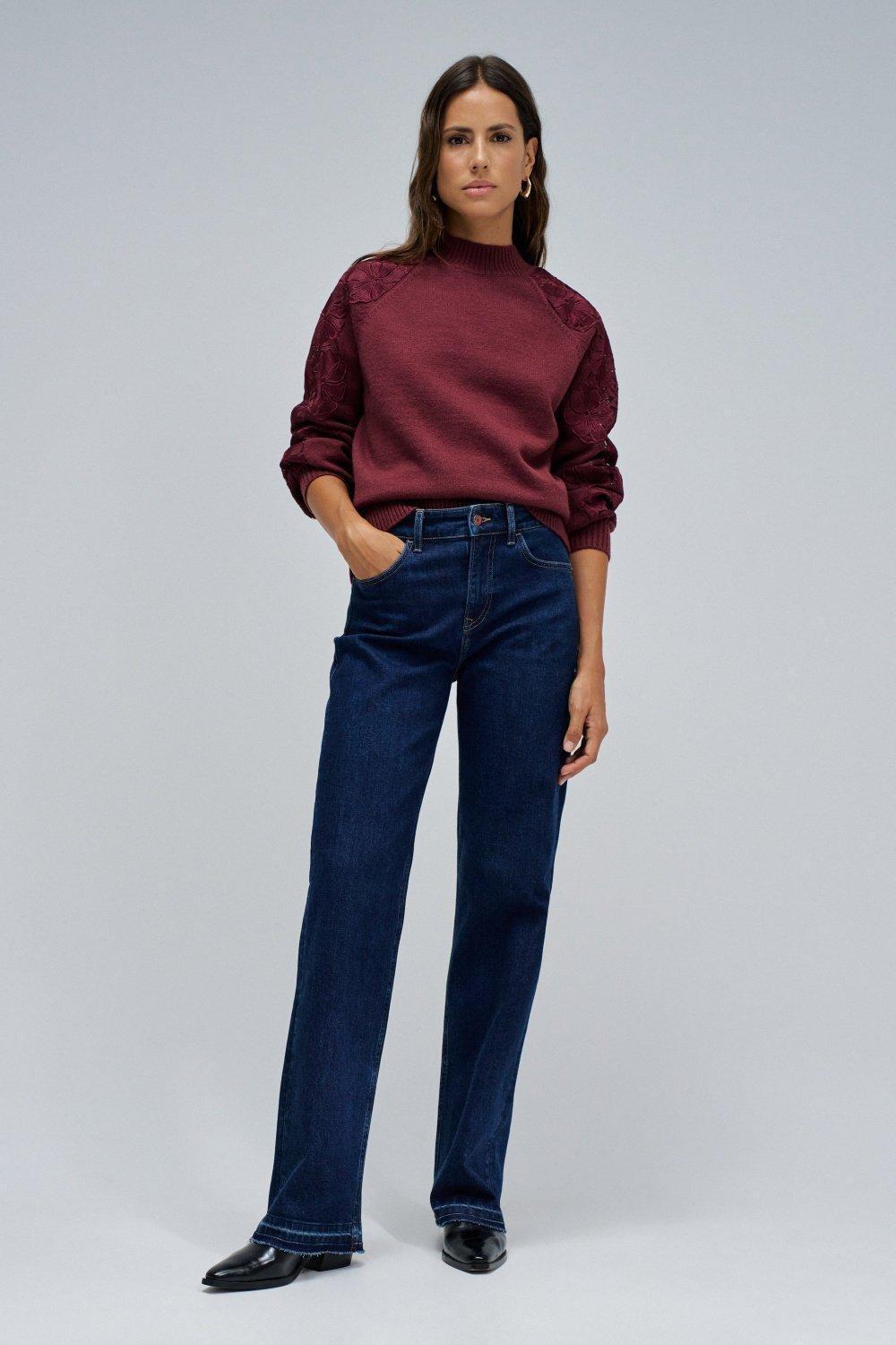 Knit Sweater With Lace, Burgundy, large image number 1