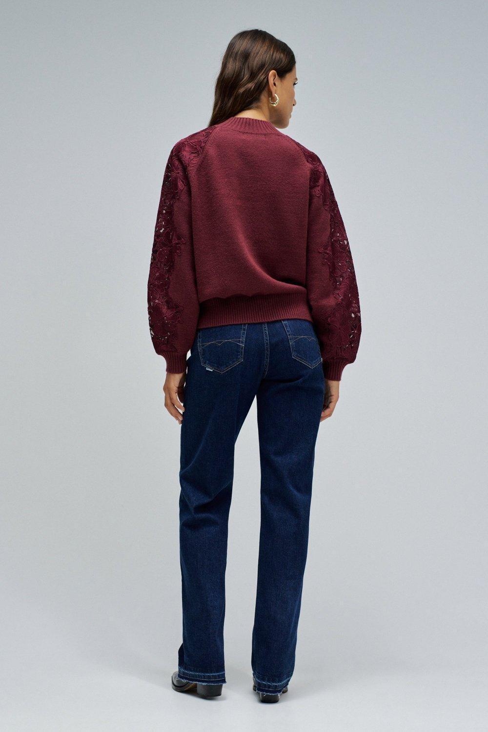Knit Sweater With Lace, Burgundy, large image number 3