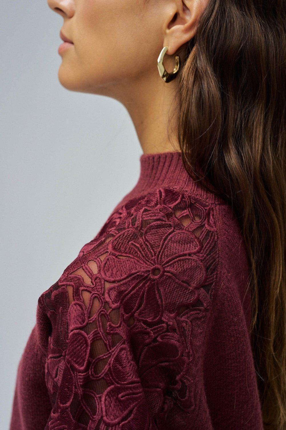 Knit Sweater With Lace, Burgundy, large image number 4