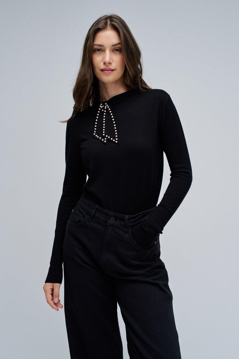 Knit Sweater With Bow, Black, large image number 0