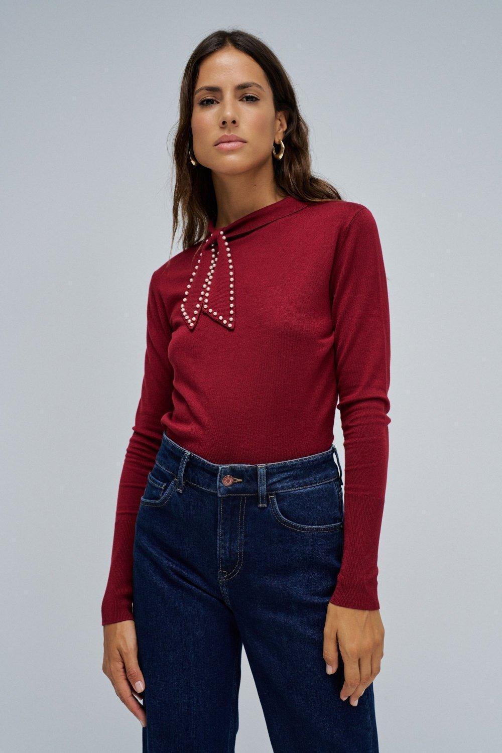 Knit Sweater With Bow, Burgundy, large image number 0