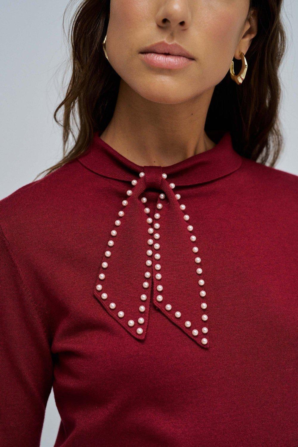 Knit Sweater With Bow, Burgundy, large image number 4