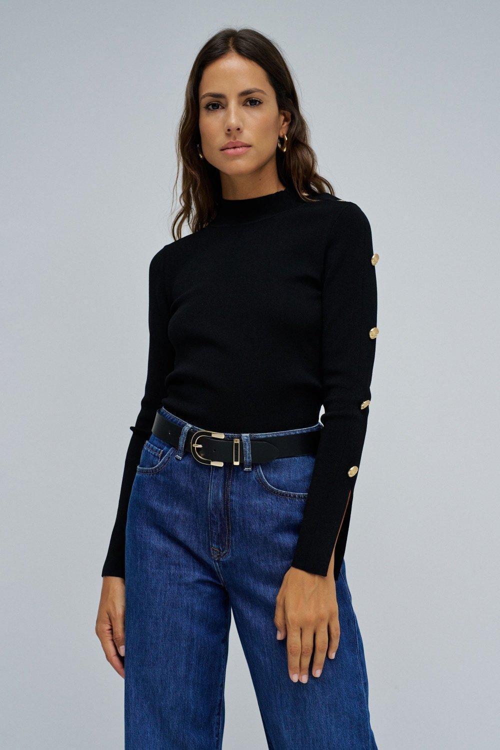 Knit Sweater With Golden Buttons, Black, medium