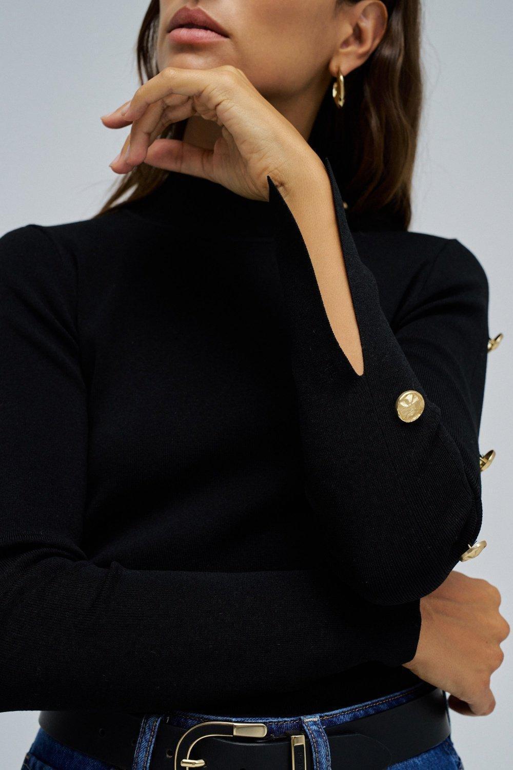 Knit Sweater With Golden Buttons, Black, large image number 4