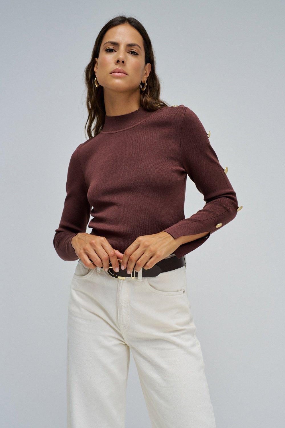 Knit Sweater With Golden Buttons, Brown, medium